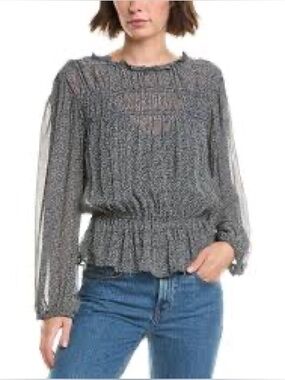 VELVET by Graham & Spencer Gray Smocked Waist Sheer Sleeve Blouse ~ NWT